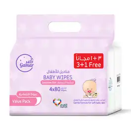 Gamar Baby Wipes Sensitive Skin Value Pack (3 Packs of 80 PCs+ 1 Pack of 80 PCs Free)