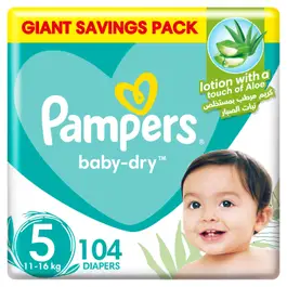 Pampers Aloe Vera Taped Diapers, Size 5, 11-16kg, Mega Box, 104 Diapers  